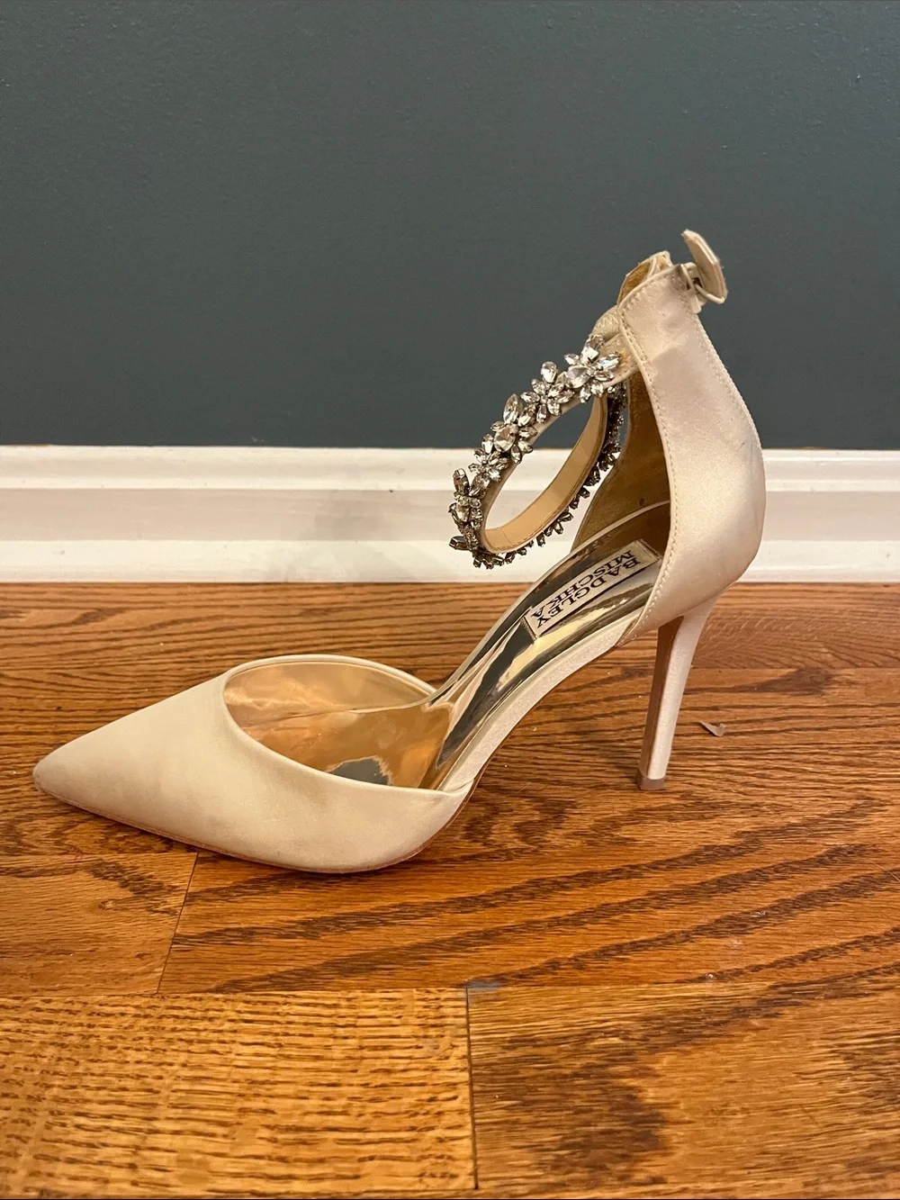 Badgley Mischka Champagne Satin Pointed-Toe Crystal Ankle-Strap Heels